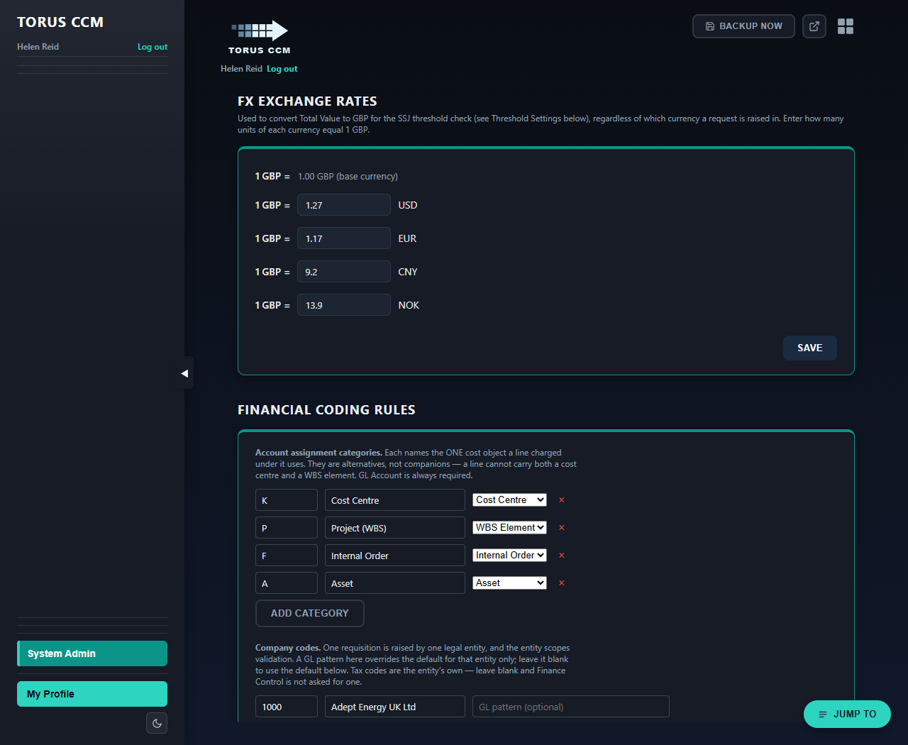 Admin FX rates and threshold settings screen
