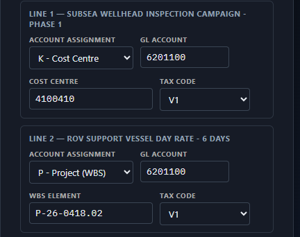 Two coded lines: line 1 on a K cost centre, line 2 on a P project WBS element, each with GL account and tax code