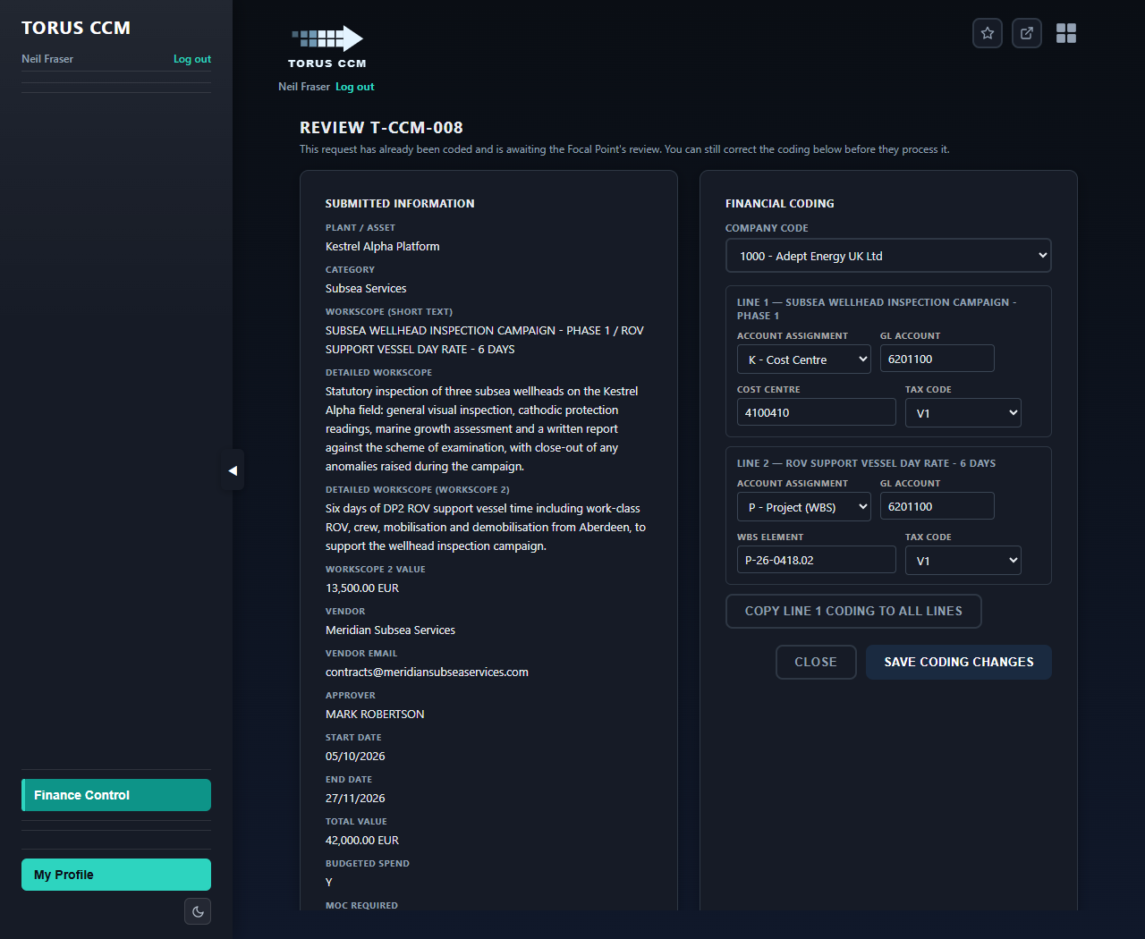 Finance Control financial coding review screen