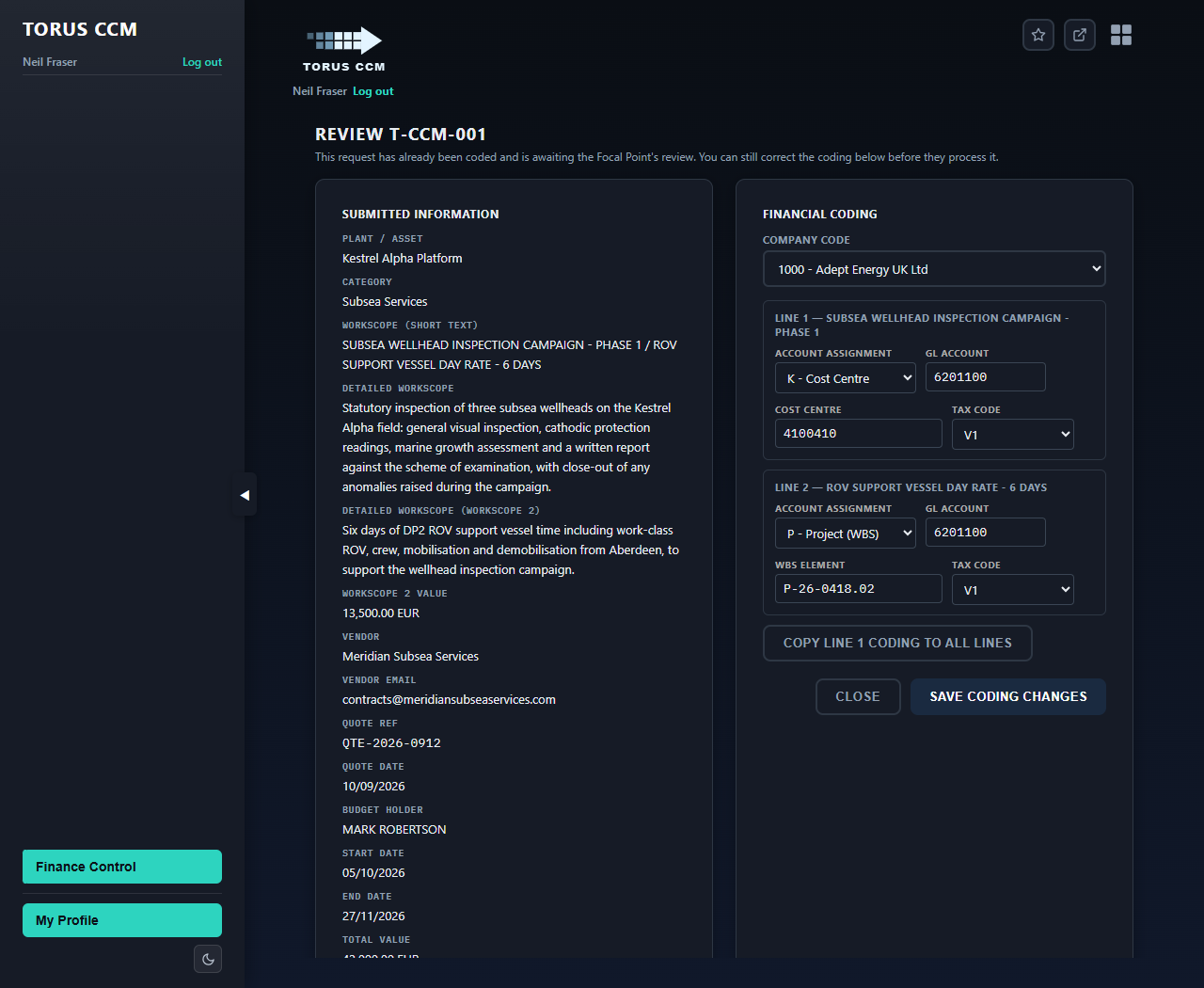 Finance Control financial coding review screen