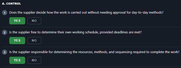 Three questions from the IR35 checklist, section A Control, each answered Yes