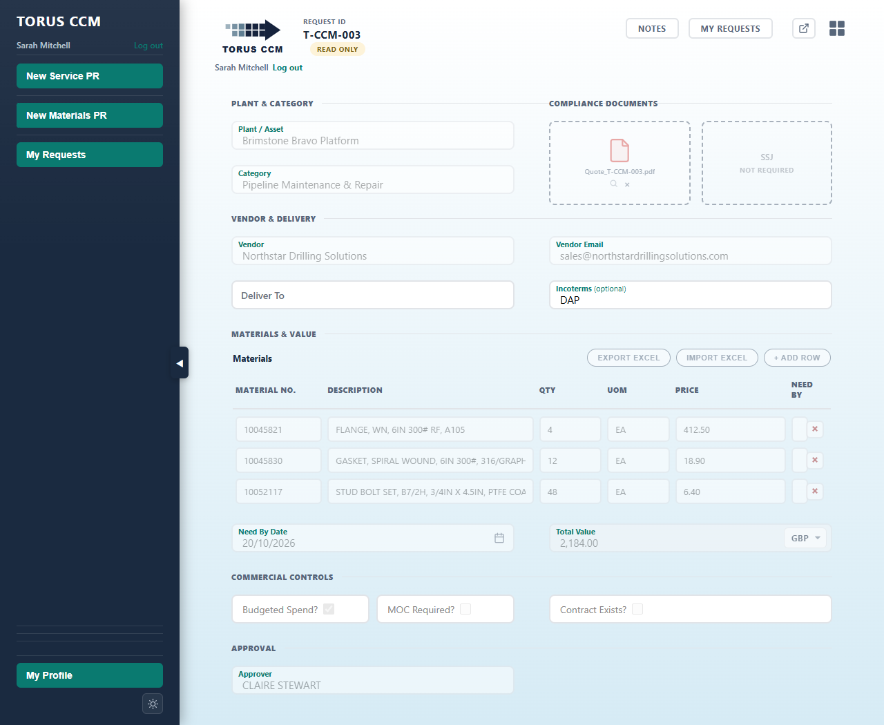 Materials PR itemised line-item form