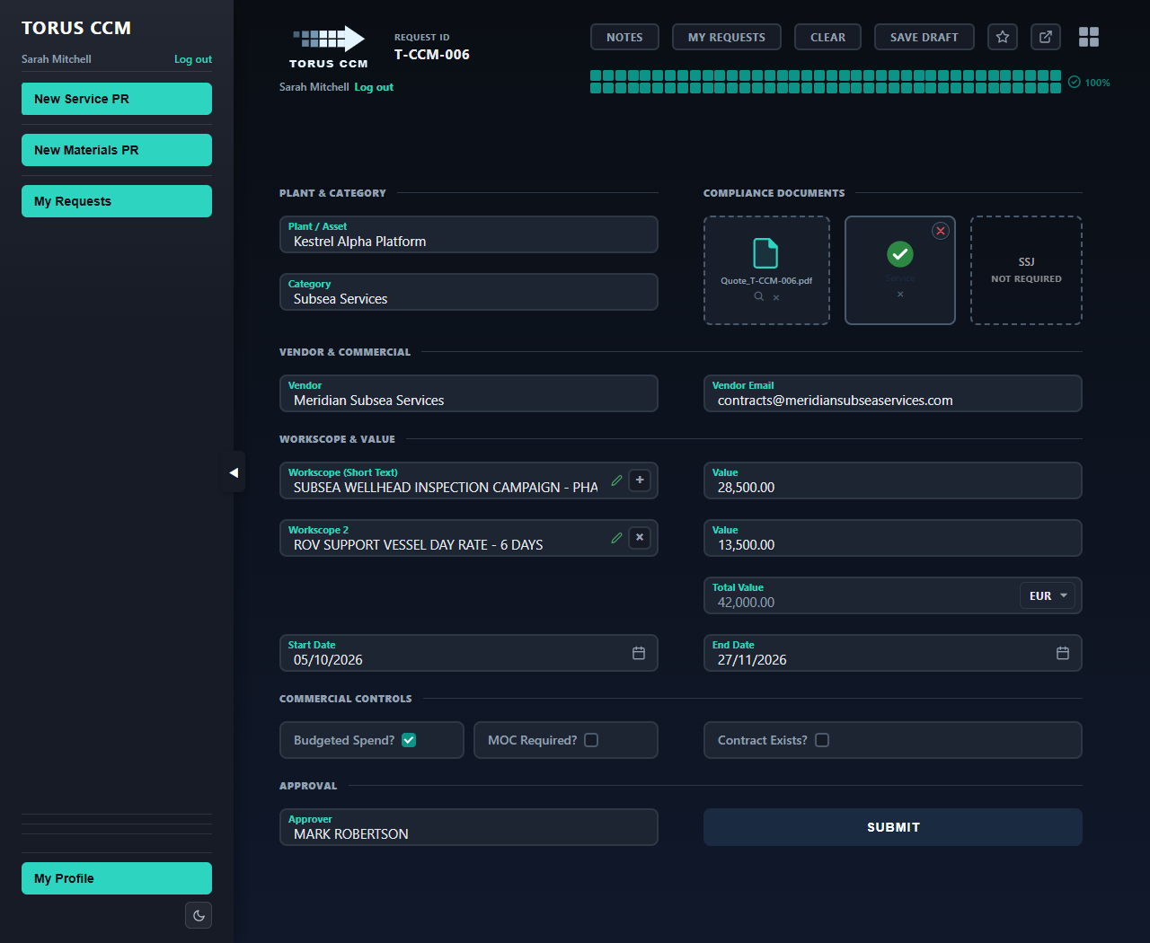 Torus CCM Service PR intake form, dark mode