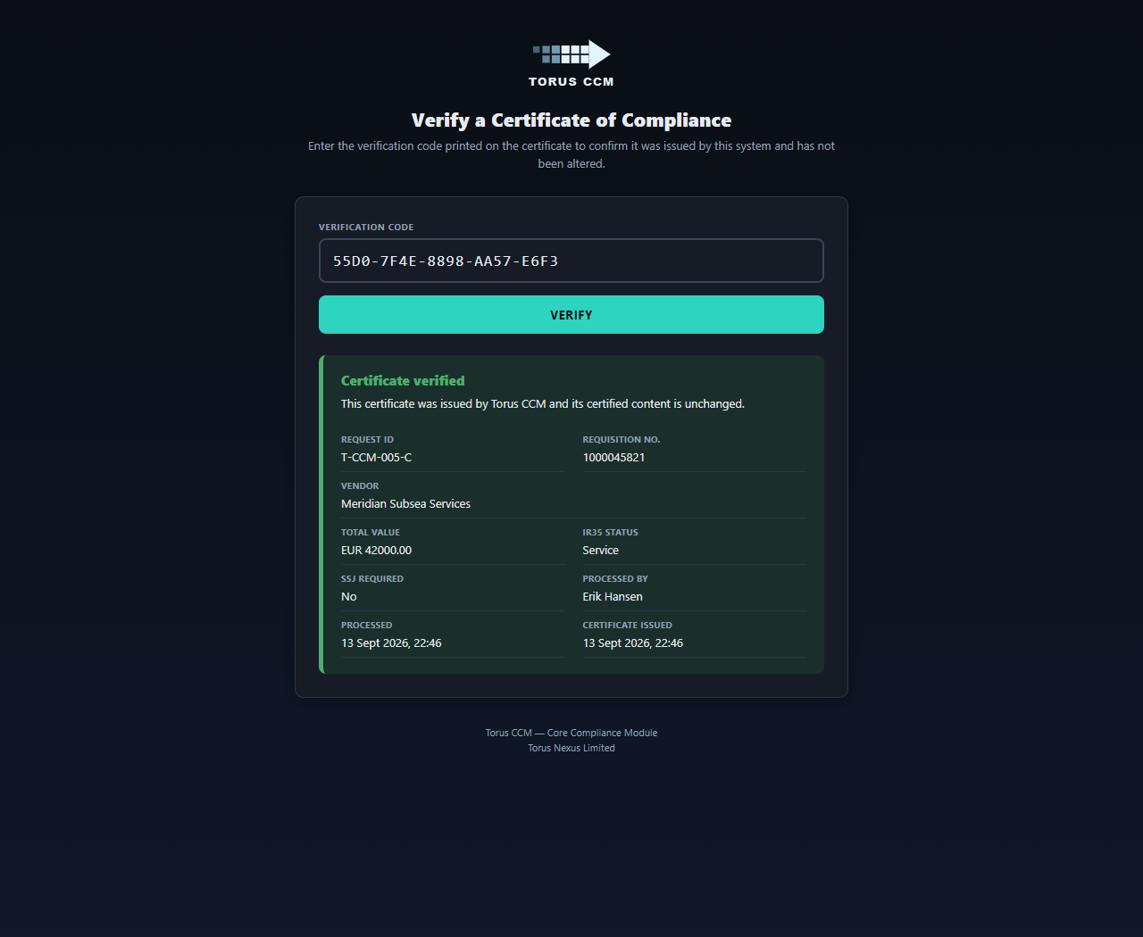 Public certificate verification page showing a verified result