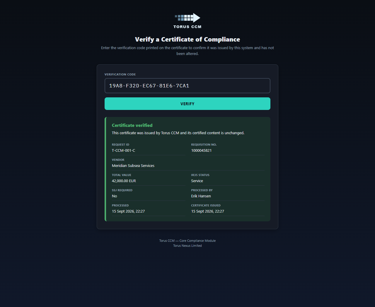 Public certificate verification page showing a verified result